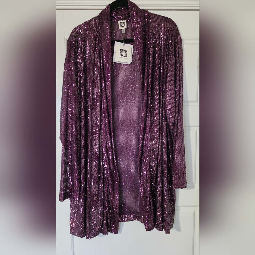 NWT Anne Klein Sparkling Purple Sequin Cardigan Size XL